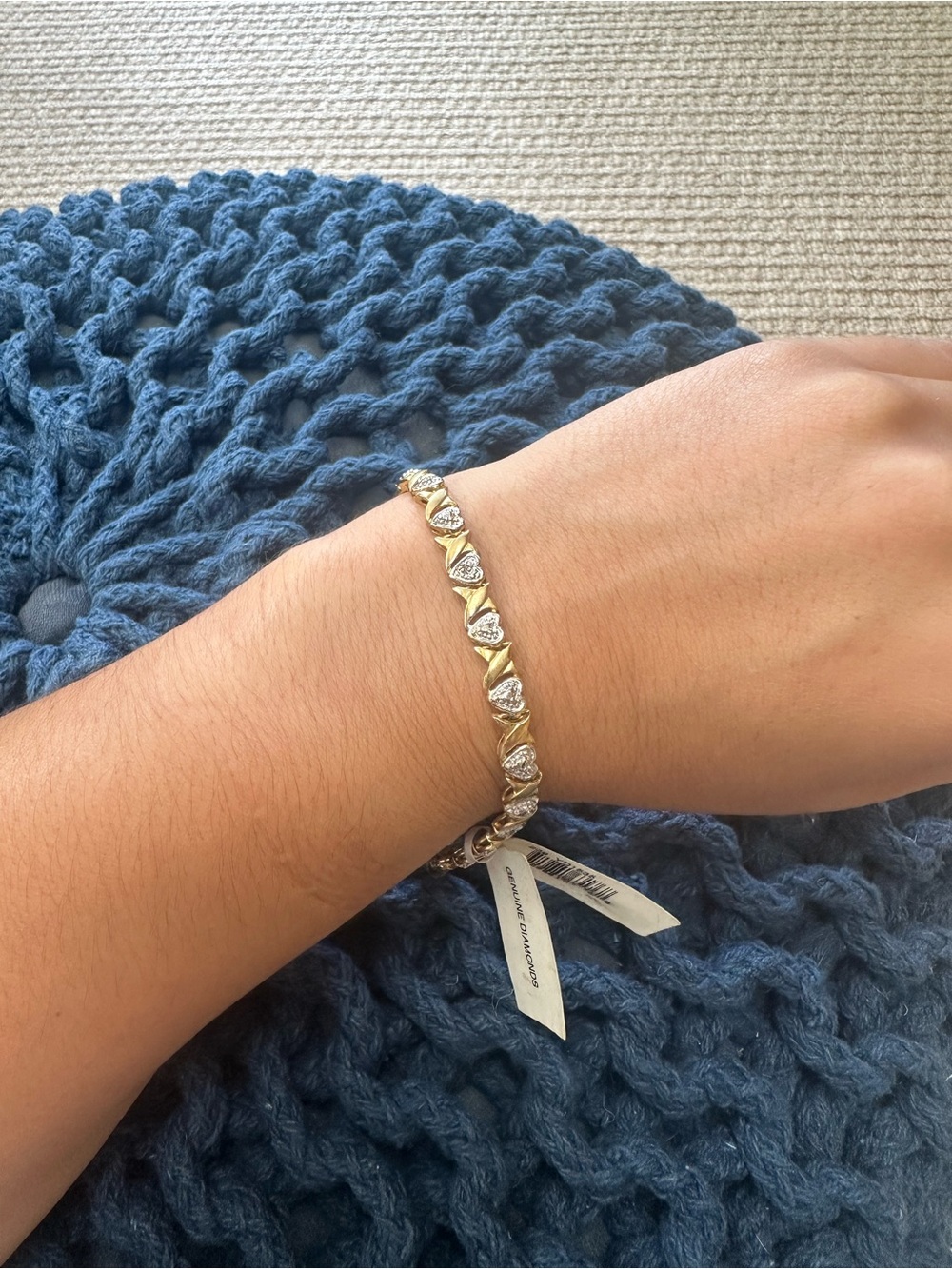 Vintage 24k Gold Over Sterling Genuine Diamond Heart XO Tennis Bracelet NWT